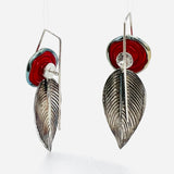 Red lamp work glass and sterling silver leaf shape dangle earrings