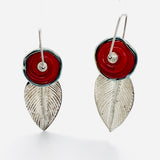 Red lamp work glass and sterling silver leaf shape dangle earrings