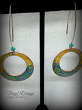 Geometric open hoop earrings are retro as well as modern.  Yellow, blue, green vitreous enamel.