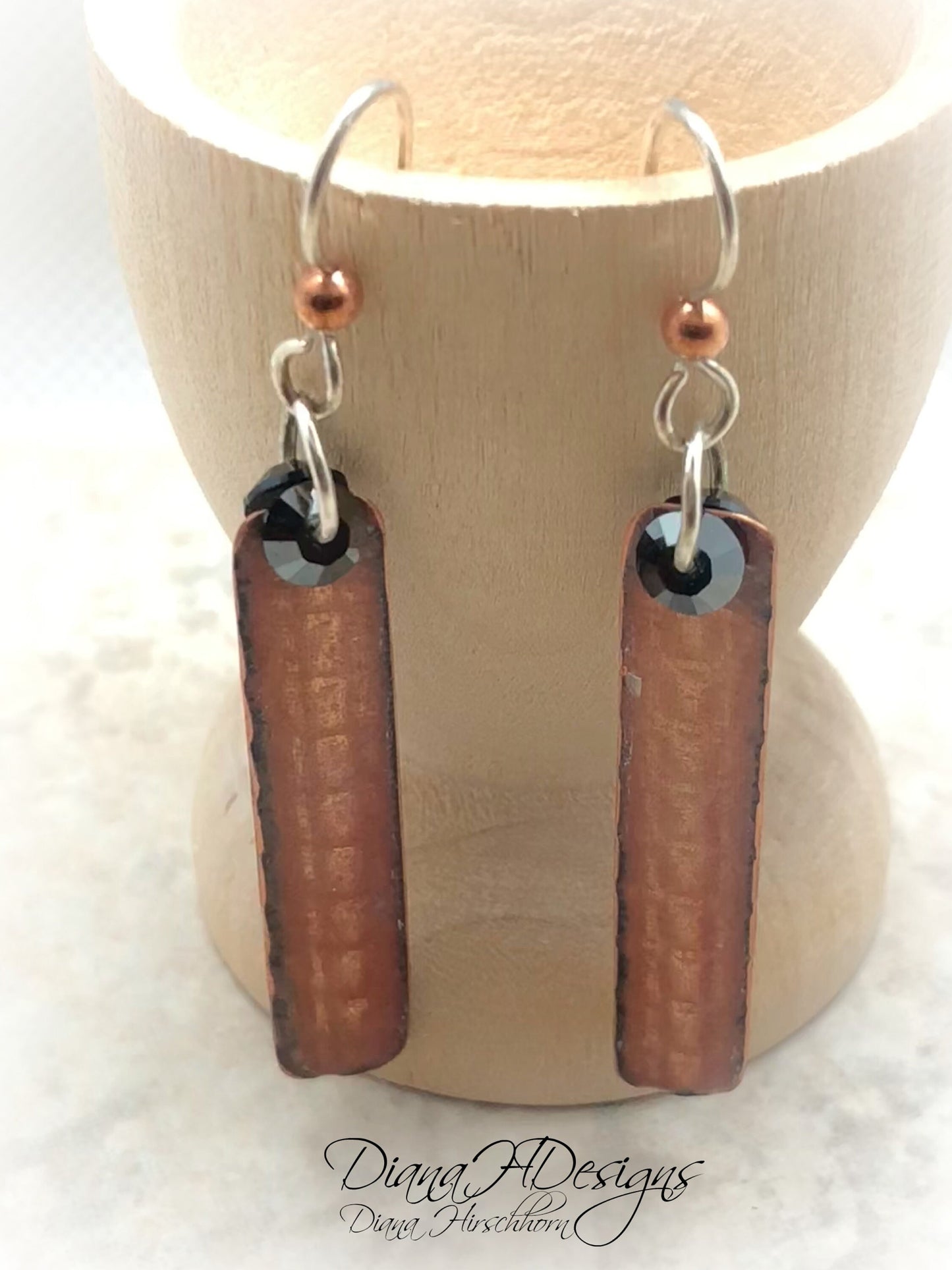 Slender, long, modern earrings Swarovski crystal accents, black & coppery golden vitreous enamel.