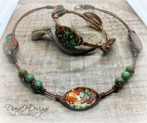 Copper and shell choker necklace.  Comfortable to wear, adjusts easily.  Green and bronze tones.