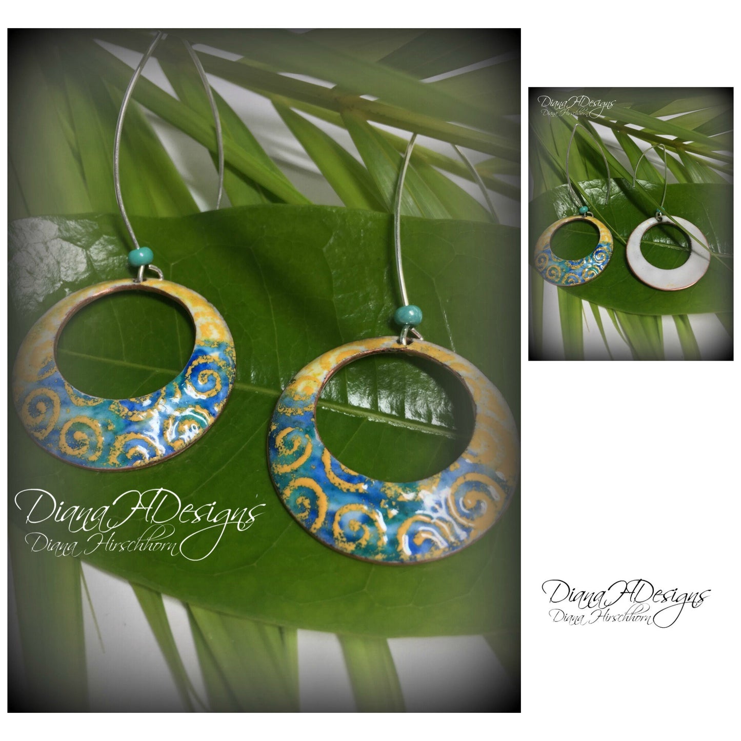 Geometric open hoop earrings are retro as well as modern.  Yellow, blue, green vitreous enamel.