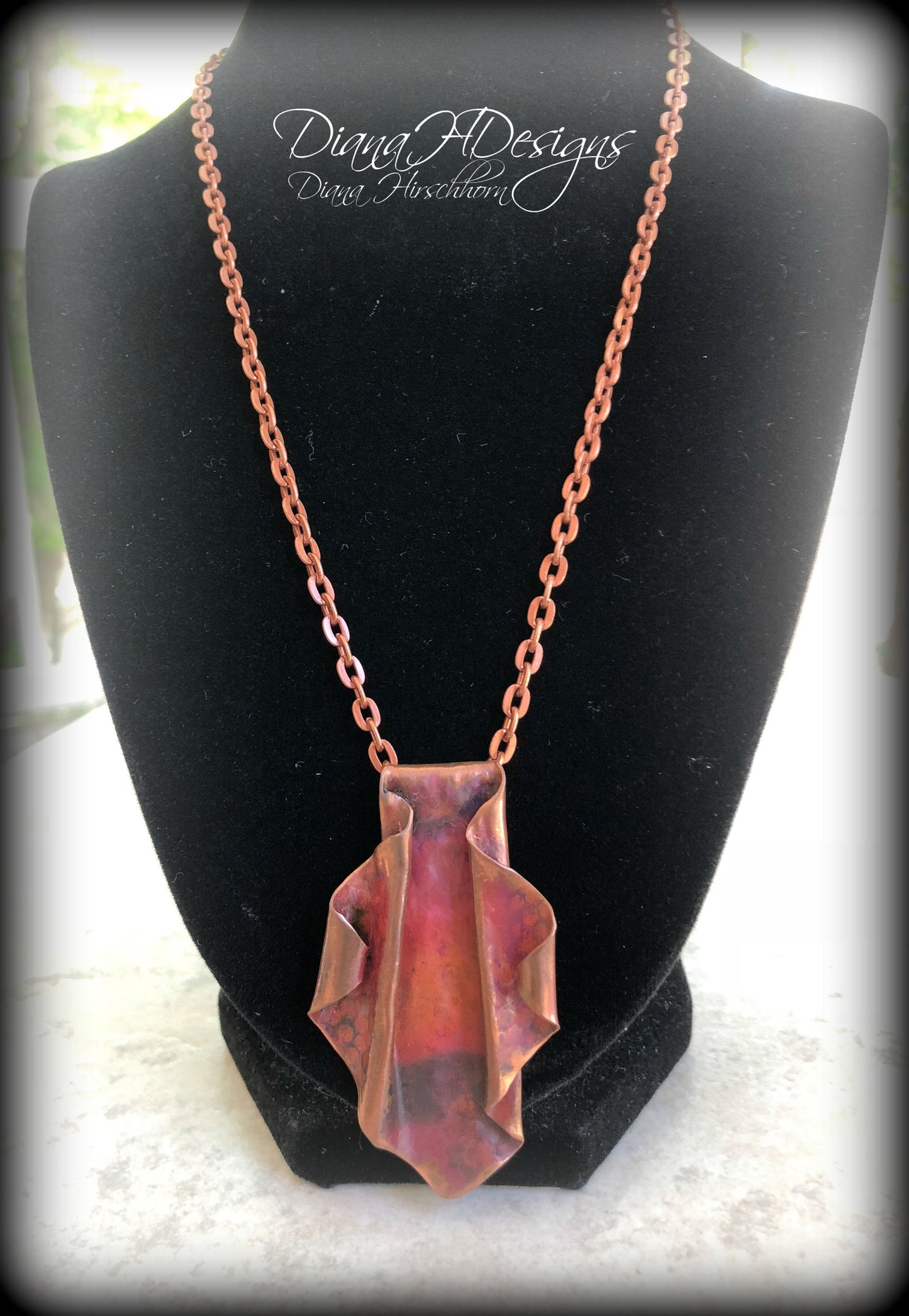 Copper organic one-of-a-kind fold-formed necklace.  Adjustable length, rich colors.