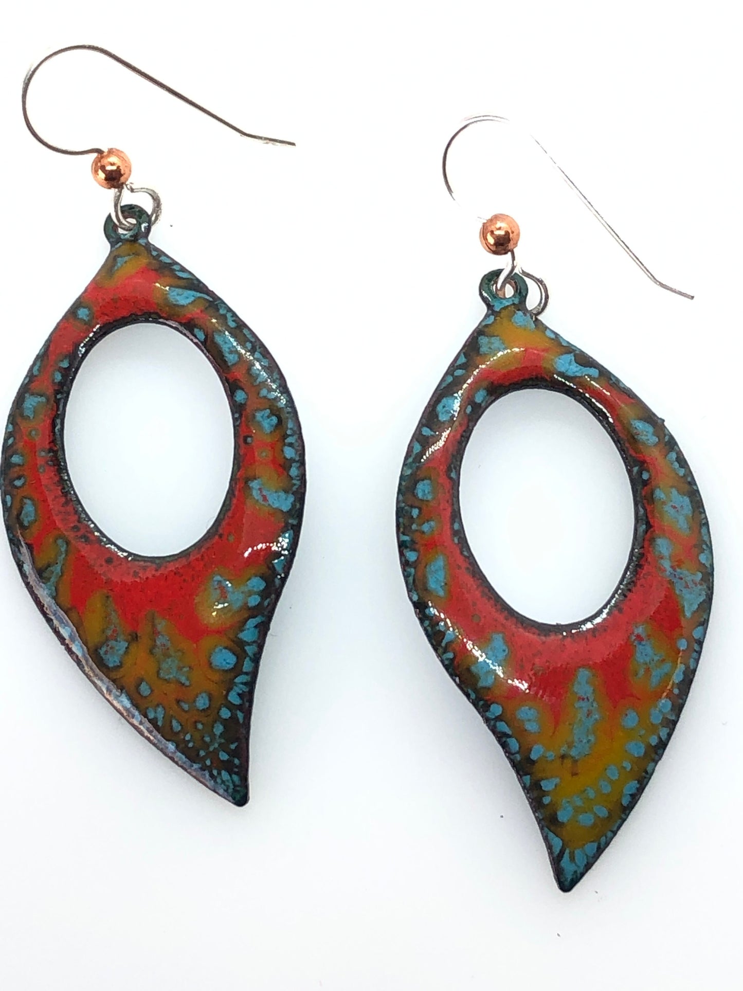 Colorful enamel pierced dangle leaf earrings gorgeous colors of red/blue/gold, sterling silver earwires.
