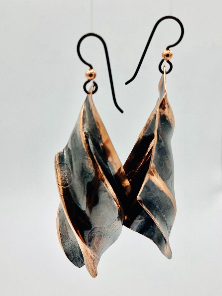 Leaf shaped fold-formed copper earrings in a deep chocolate brown.  Organic, edgy, modern, boho!