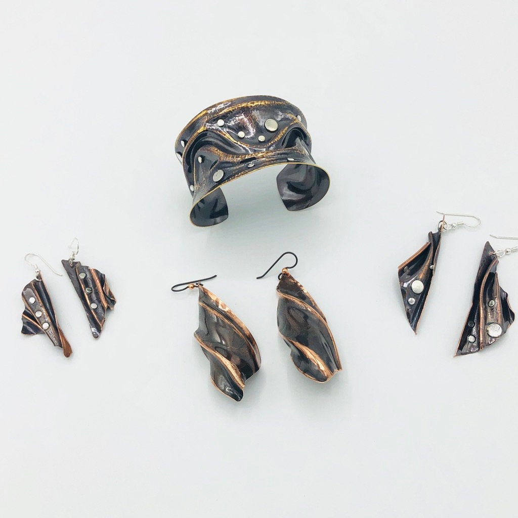 Leaf shaped fold-formed copper earrings in a deep chocolate brown.  Organic, edgy, modern, boho!