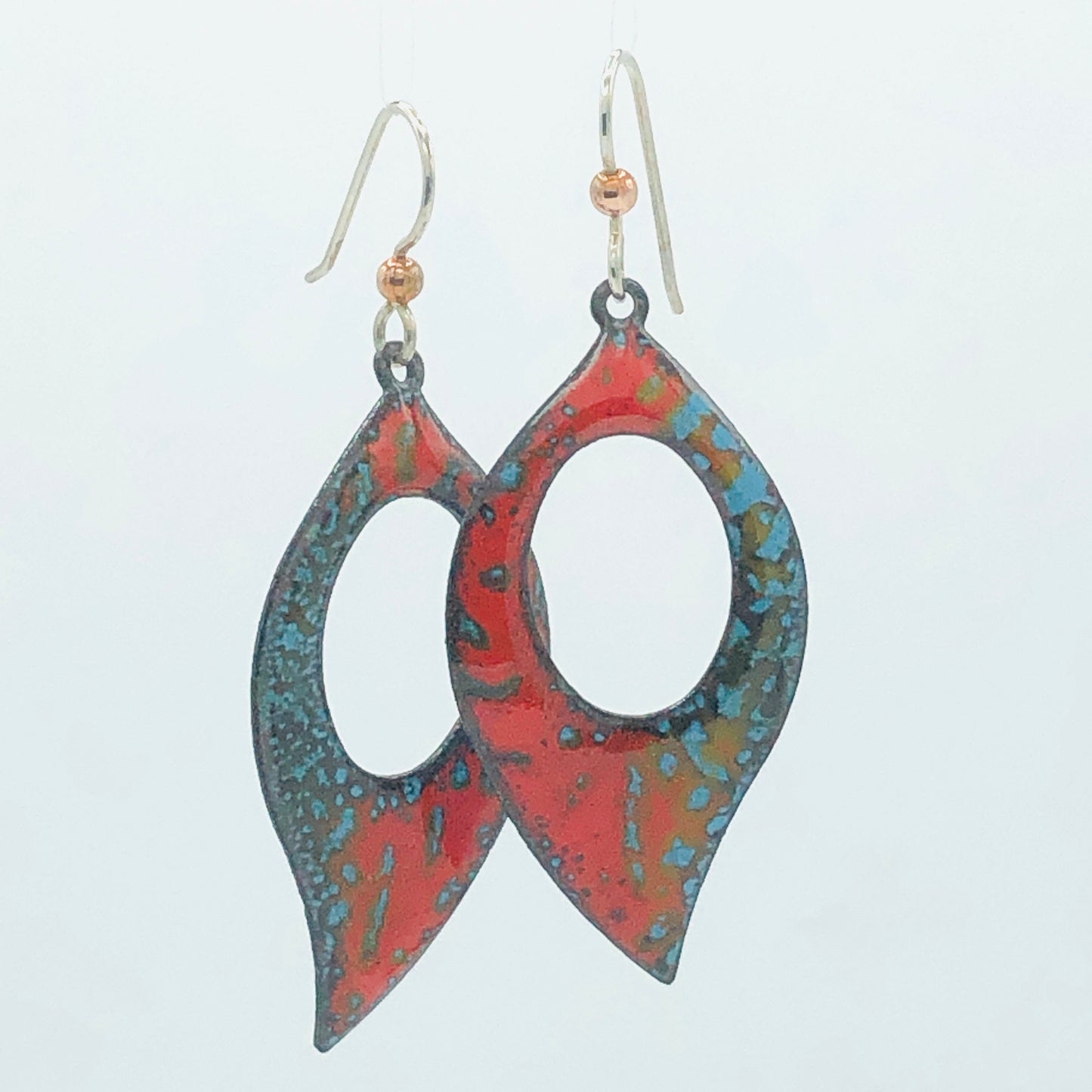 Bright and colorful leaf shape earrings in vibrant red, blue glass vitreous enamel w/ sterling ear wires.
