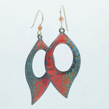 Bright and colorful leaf shape earrings in vibrant red, blue glass vitreous enamel w/ sterling ear wires.