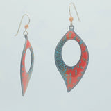 Bright and colorful leaf shape earrings in vibrant red, blue glass vitreous enamel w/ sterling ear wires.