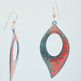 Bright and colorful leaf shape earrings in vibrant red, blue glass vitreous enamel w/ sterling ear wires.