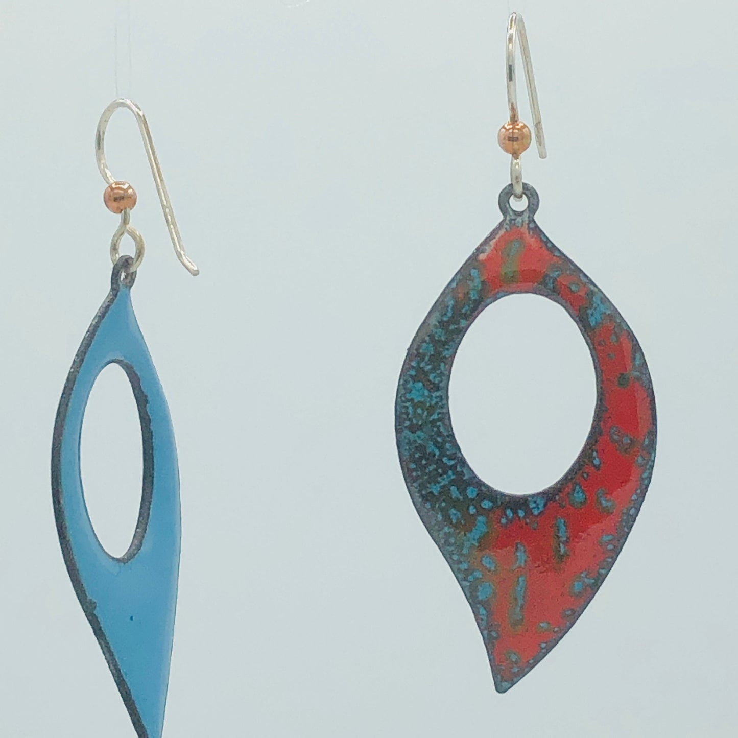 Bright and colorful leaf shape earrings in vibrant red, blue glass vitreous enamel w/ sterling ear wires.