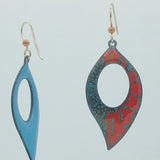 Bright and colorful leaf shape earrings in vibrant red, blue glass vitreous enamel w/ sterling ear wires.