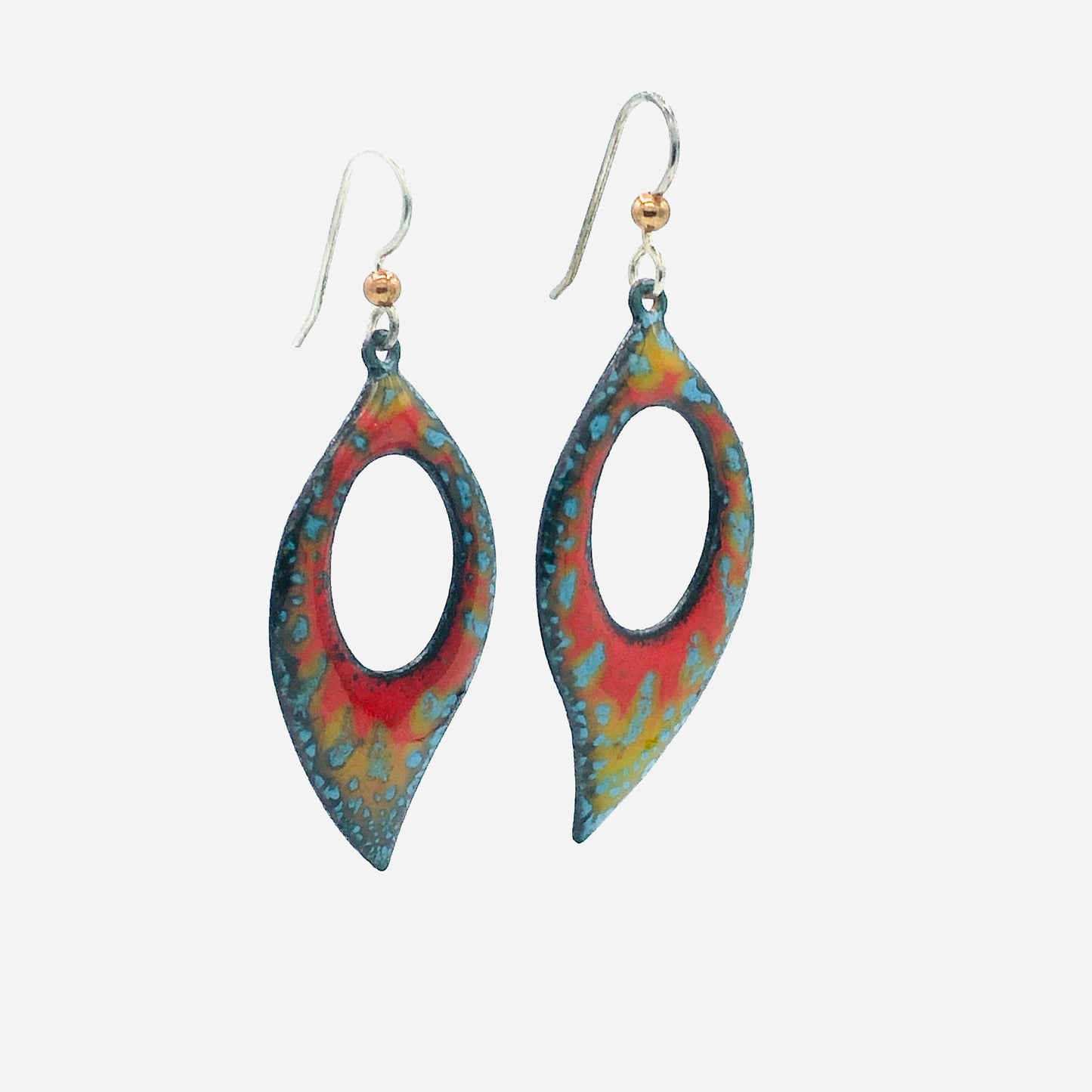 Colorful enamel pierced dangle leaf earrings gorgeous colors of red/blue/gold, sterling silver earwires.