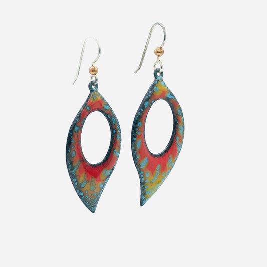 Colorful enamel pierced dangle leaf earrings gorgeous colors of red/blue/gold, sterling silver earwires.