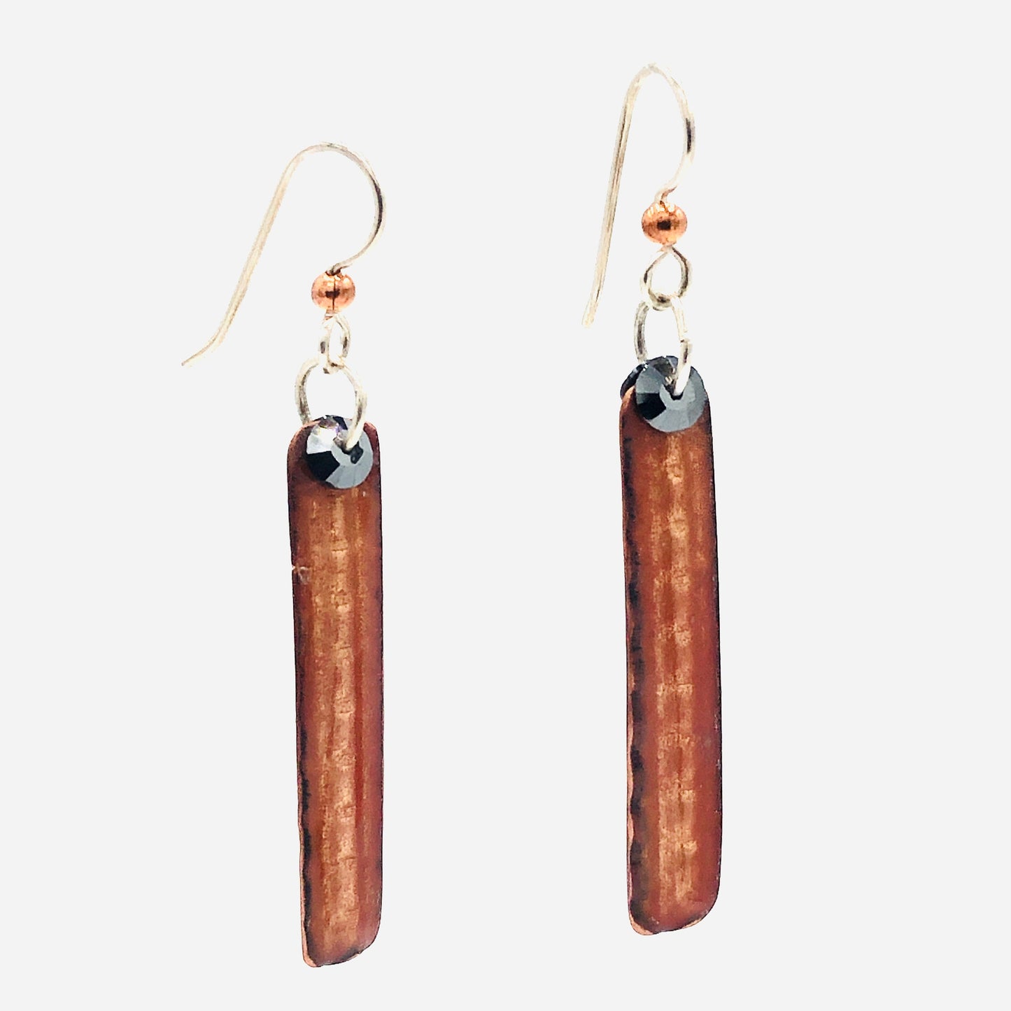 Slender, long, modern earrings Swarovski crystal accents, black & coppery golden vitreous enamel.
