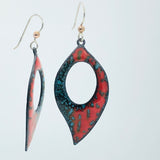 Bright and colorful leaf shape earrings in vibrant red, blue glass vitreous enamel w/ sterling ear wires.