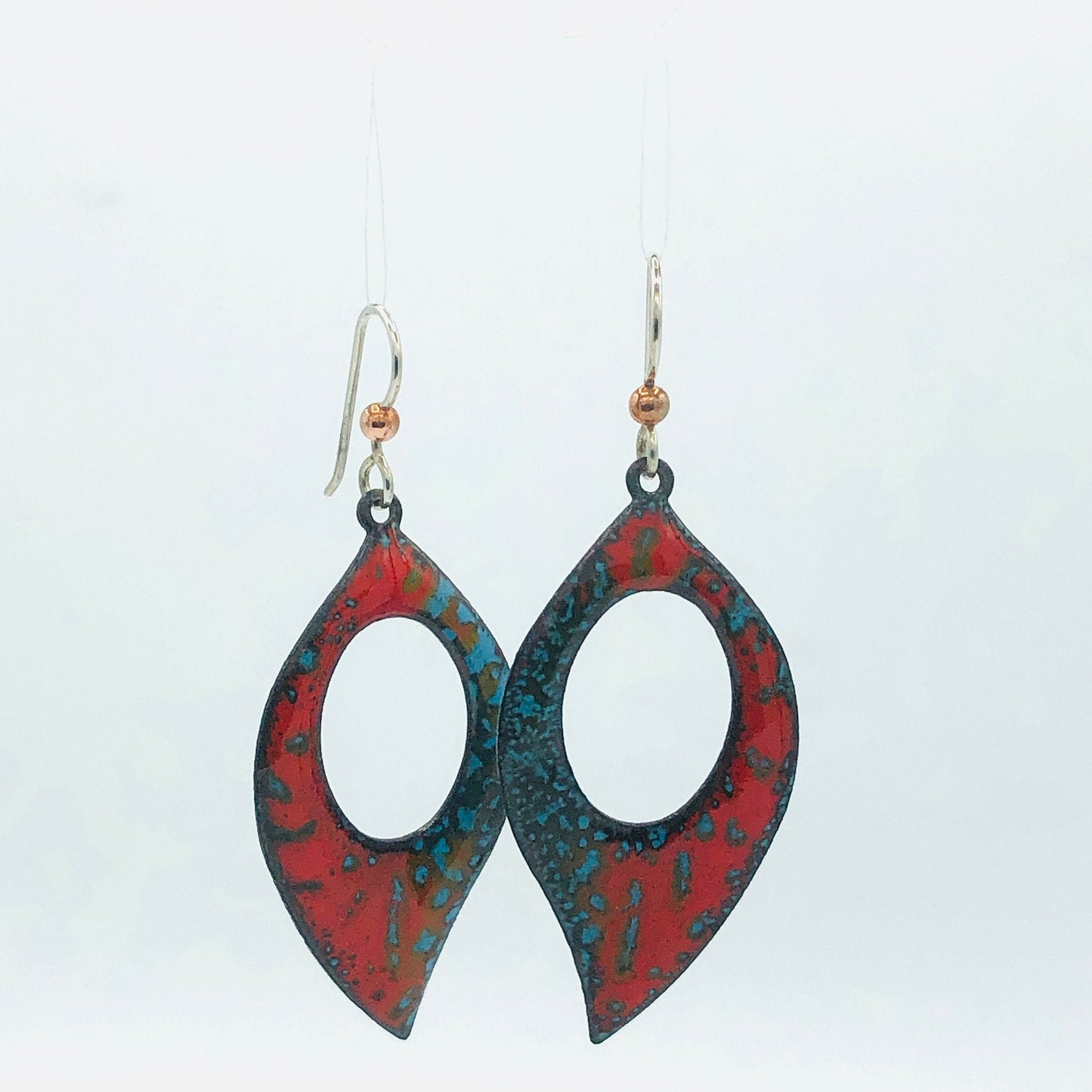 Bright and colorful leaf shape earrings in vibrant red, blue glass vitreous enamel w/ sterling ear wires.