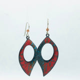 Bright and colorful leaf shape earrings in vibrant red, blue glass vitreous enamel w/ sterling ear wires.