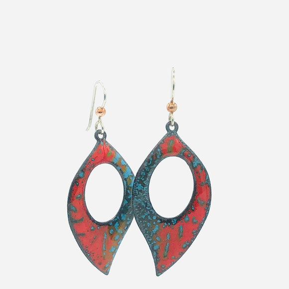 Bright and colorful leaf shape earrings in vibrant red, blue glass vitreous enamel w/ sterling ear wires.