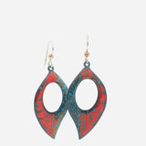 Bright and colorful leaf shape earrings in vibrant red, blue glass vitreous enamel w/ sterling ear wires.