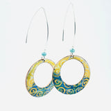 Geometric open hoop earrings are retro as well as modern.  Yellow, blue, green vitreous enamel.