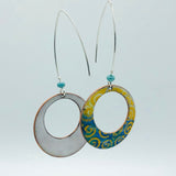 Geometric open hoop earrings are retro as well as modern.  Yellow, blue, green vitreous enamel.