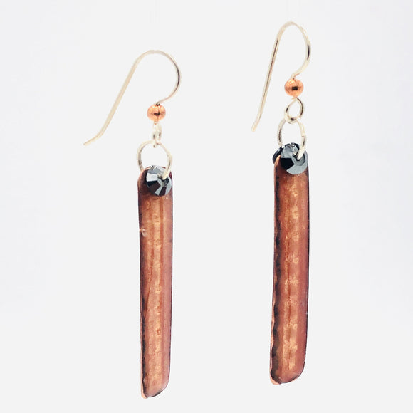 Slender, long, modern earrings Swarovski crystal accents, black & coppery golden vitreous enamel.