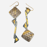 Asymmetrical earrings 24K gold on sterling silver in an industrial/architectural design!