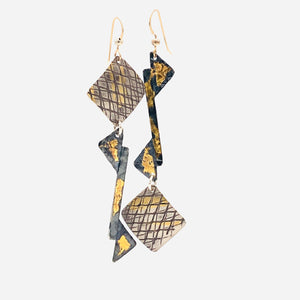 Asymmetrical earrings 24K gold on sterling silver in an industrial/architectural design!